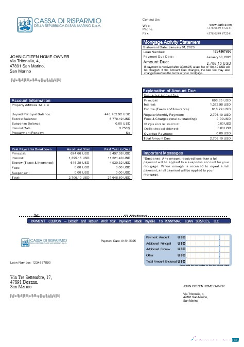 Download San Marino Cassa di Risparmio bank mortgage statement in Word and PDF formats Photoshop template